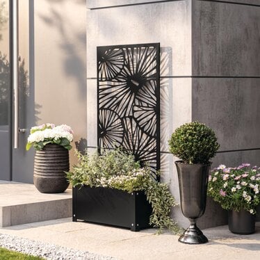 Pflanzkasten mit Ornament-Spalier – Mattschwarz, Metall, Sichtschutz