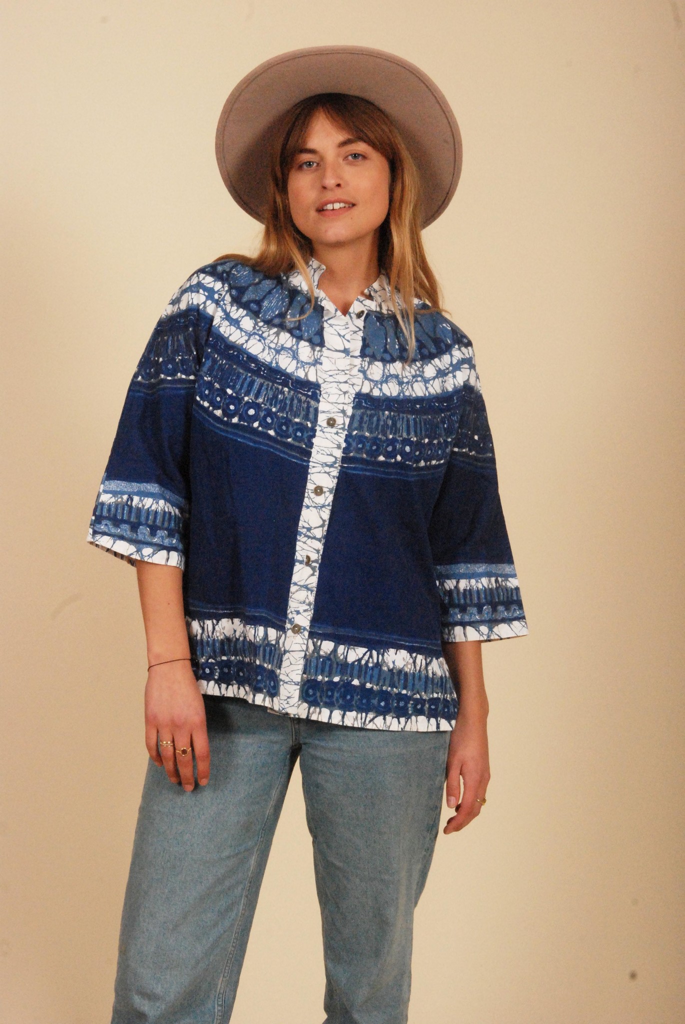 Blue 70s top with button front