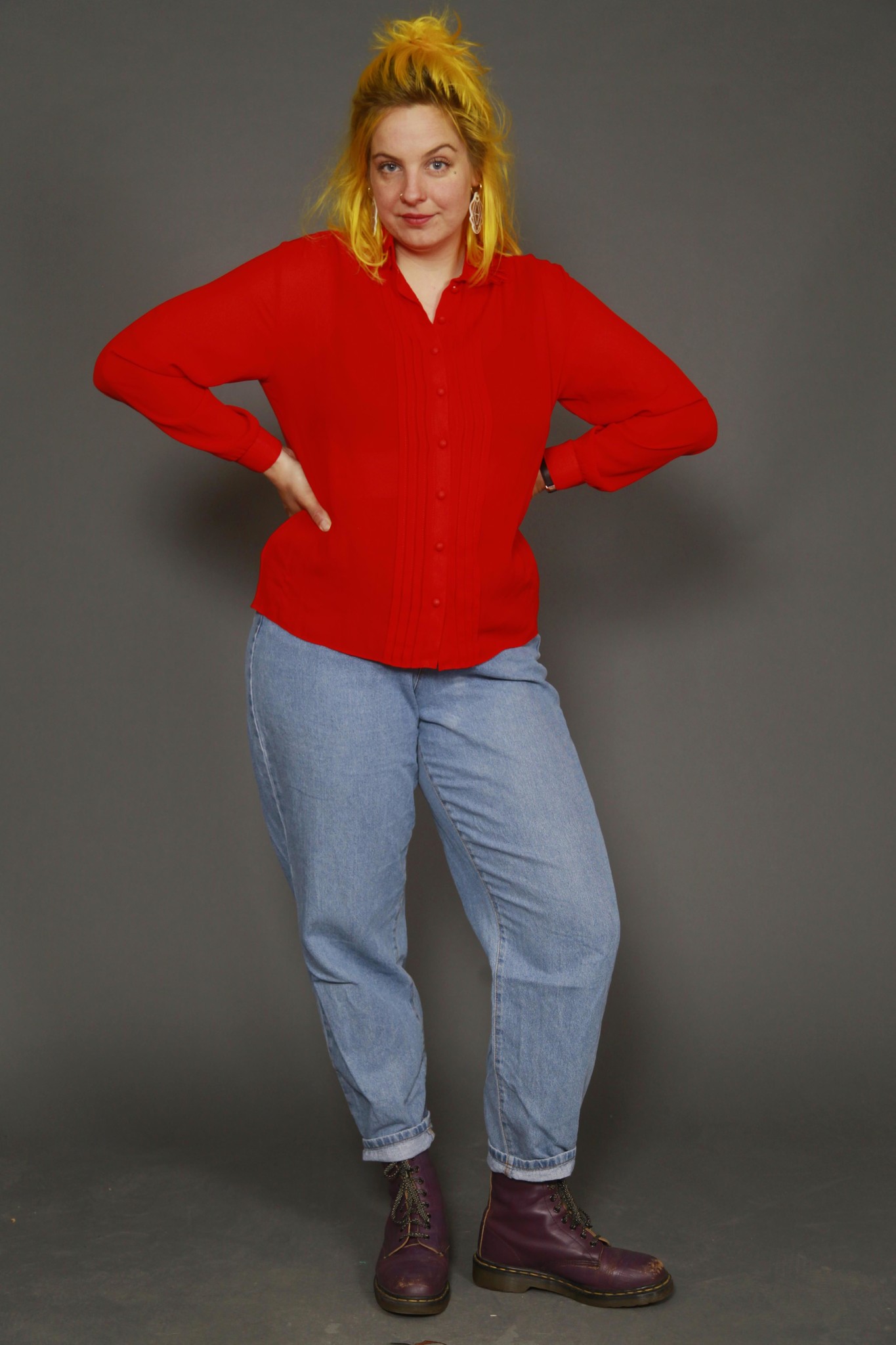 Bright red 80s blouse with pleated front