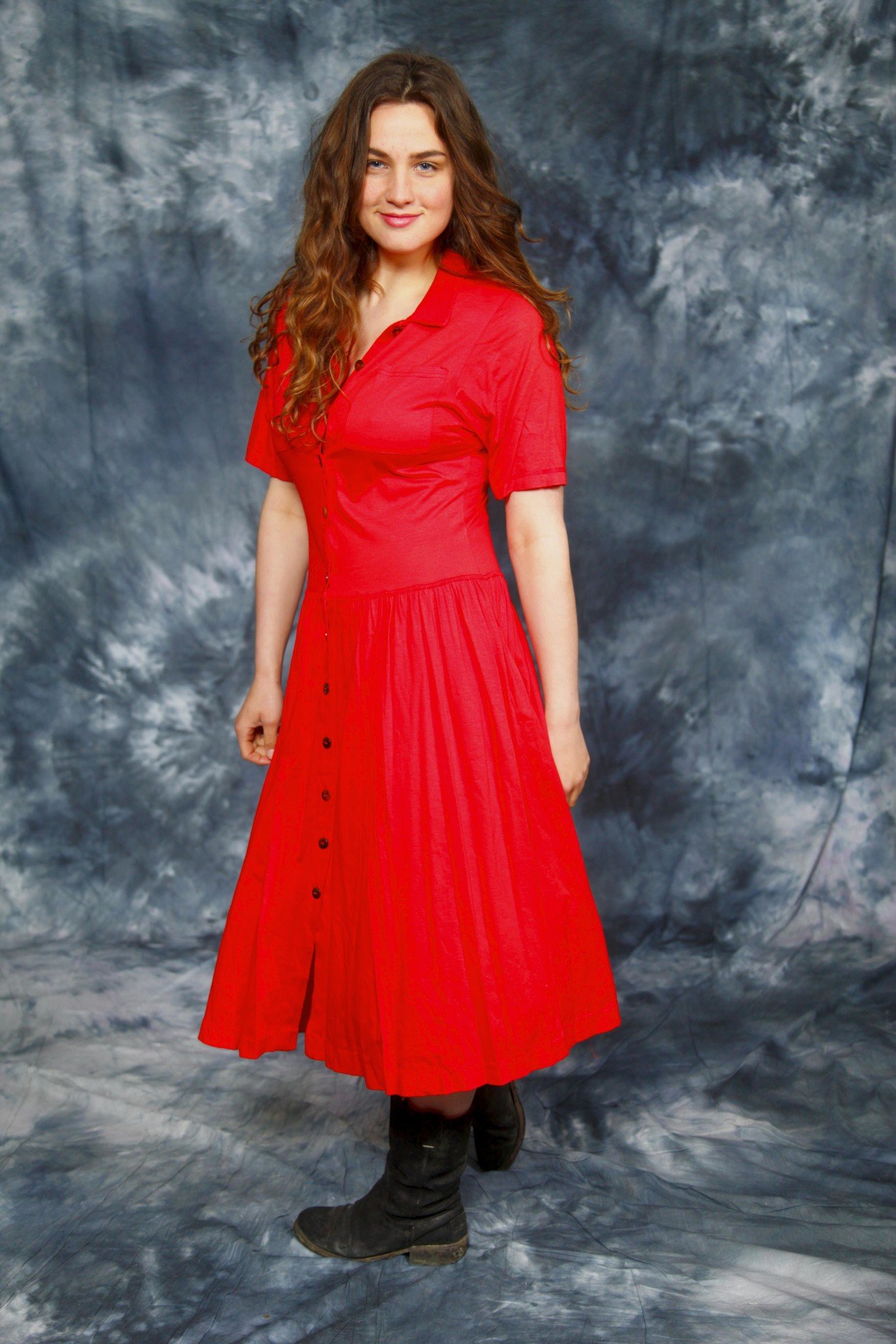 Red button front dress