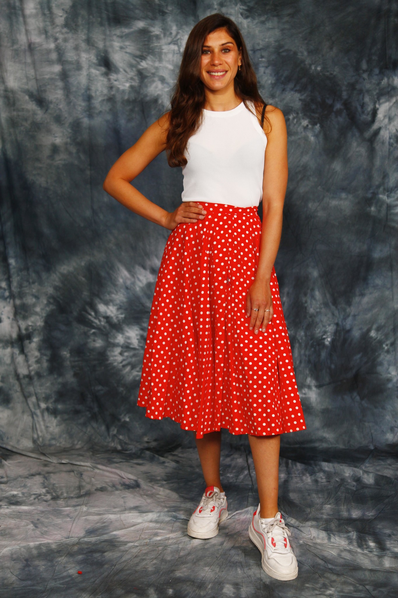 red polka dot skirt