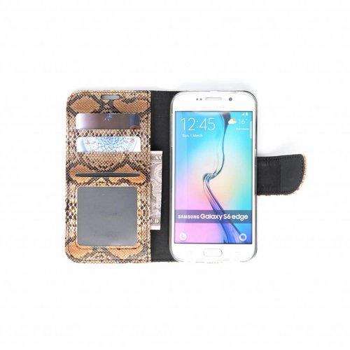 Slangenprint Lederen Bookcase hoesje - Bruin voor de Samsung Galaxy S6 Edge