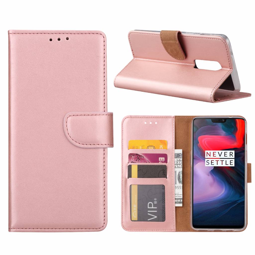 zout Wonder Wreed Bookcase OnePlus 6 hoesje - Rosé Goud - Diamtelecom
