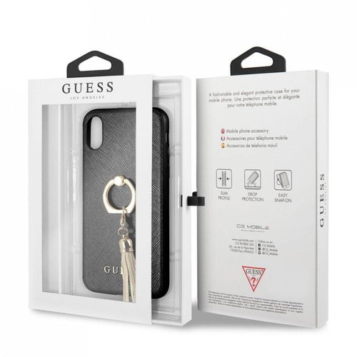 Guess Originele Saffiano Ring Back Cover Hoesje voor de Apple iPhone XR - Zwart