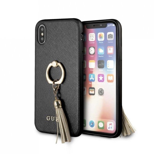 Guess Originele Saffiano Ring Back Cover Hoesje voor de Apple iPhone XR - Zwart