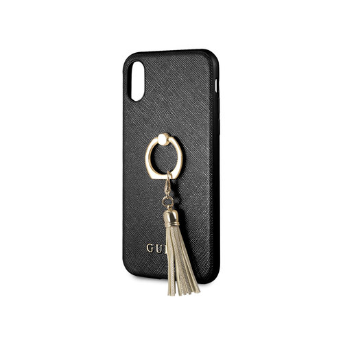 Guess Originele Saffiano Ring Back Cover Hoesje voor de Apple iPhone X / XS - Zwart