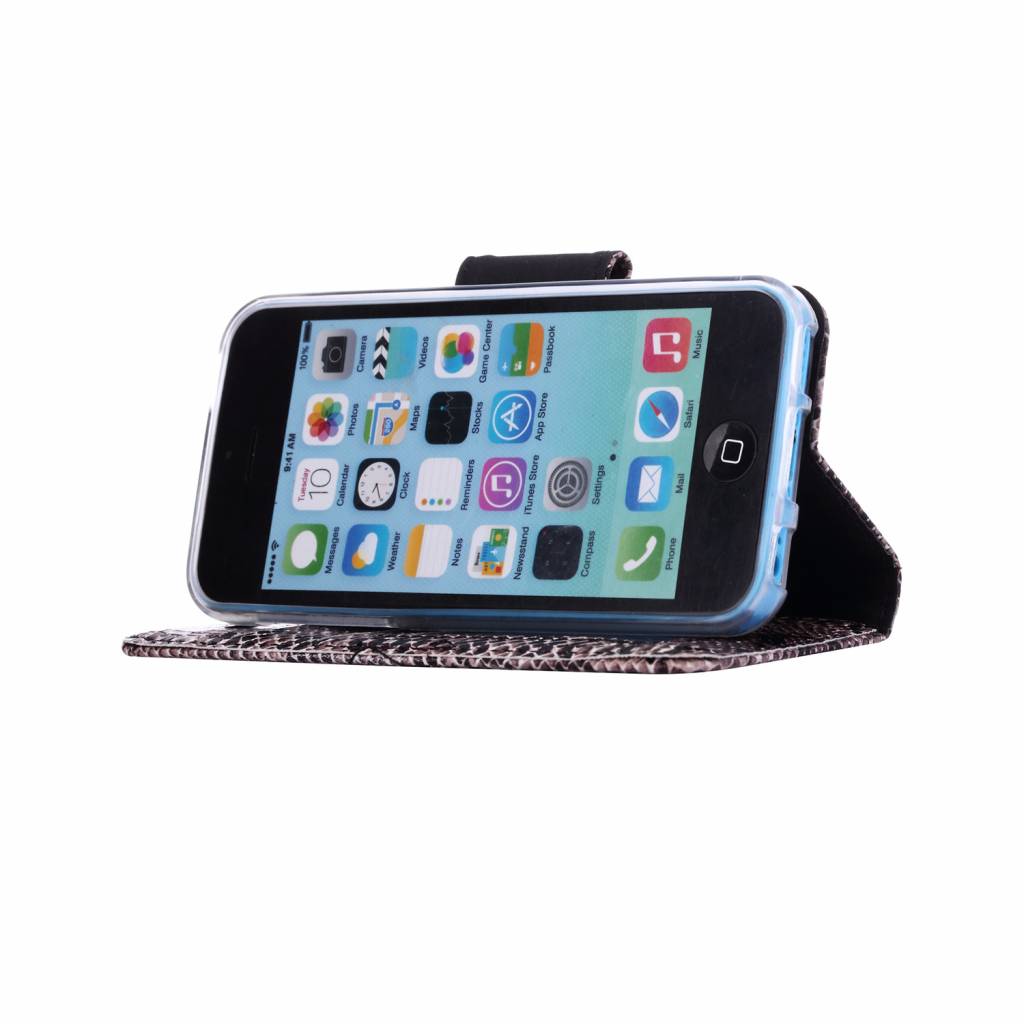Snel optocht Port Slangenprint Lederen Bookcase hoesje - Zwart voor de Apple iPhone 5C -  Diamtelecom