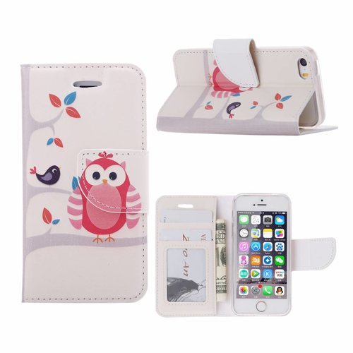 Vogel print lederen bookcase hoesje voor de Apple iPhone 5S