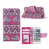 Olifant print lederen bookcase hoesje voor de Apple iPhone 5 - Roze