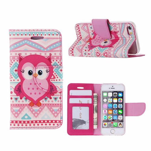 Uil Print lederen bookcase hoesje voor de iPhone 4S - Roze - Diamtelecom