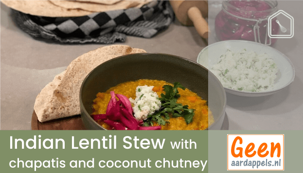 Indian lentil stew with chapatis and coconut chutney