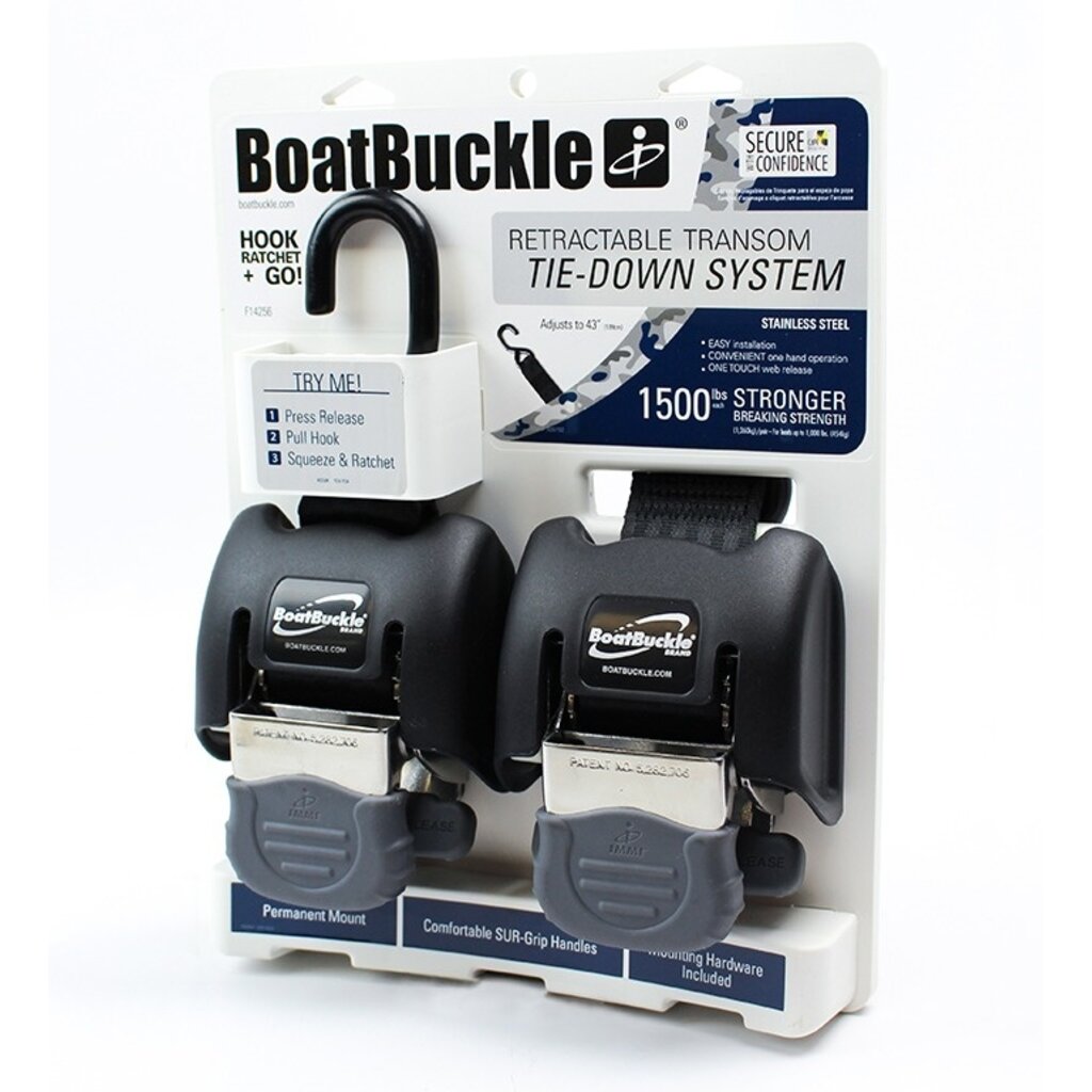 BoatBuckle Retractable Transom Tie-Down SS 1500 lbs