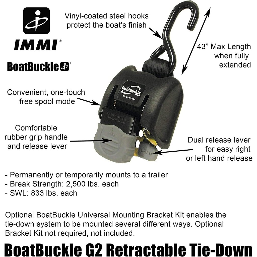 BoatBuckle Retractable Transom Tie-Down SS 1500 lbs