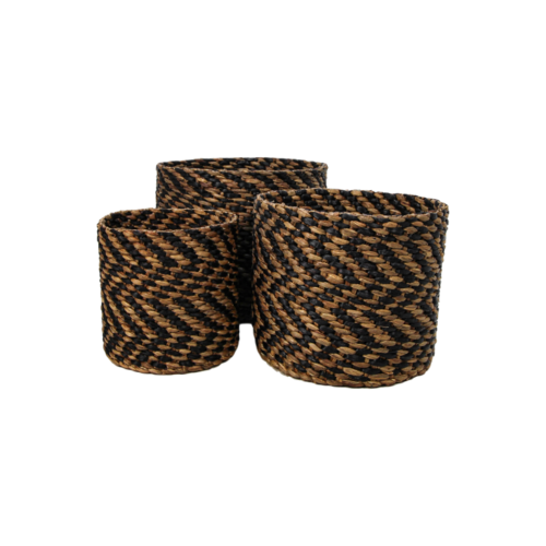 HSM Collection Mandenset - zwart/naturel - waterhyacint - set van 3 HSM Collection Mandenset - zwart/naturel - waterhyacint - set van 3