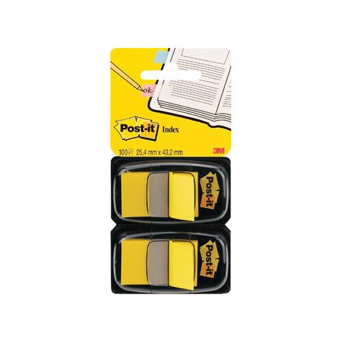 Post-it Post-it index standaard, ft 24,4 x 43,2 mm, houder met 2 x 50 tabs, geel