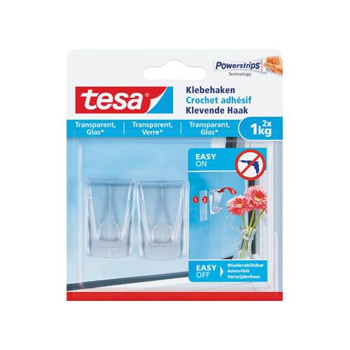 Tesa Tesa Klevende haak voor Transparant en Glas, draagvermogen 1 kg, blister van 2 stuks