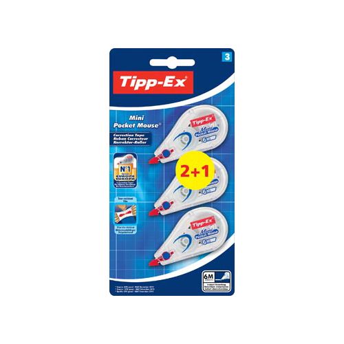 Bic Tipp-Ex correctieroller Mini Pocket Mouse, blister met 2 + 1 gratis