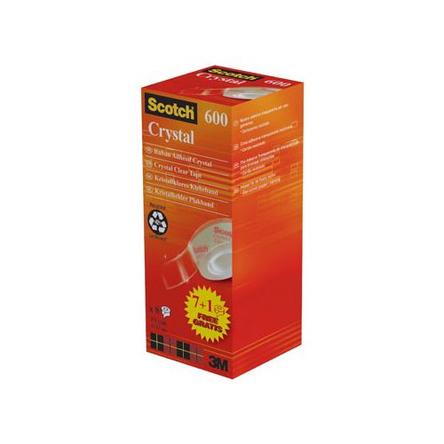 Scotch Scotch plakband Crysal Tape, ft 19 mm x 33m, 1 x value pack met 8 rollen waarvan 1 gratis
