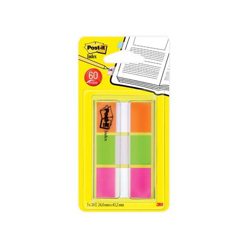Post-it Post-it Index standaard, ft 25,4 x 43,2 mm, blister met 3 kleuren, 20 tabs per kleur