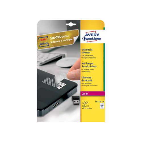 Avery Avery bestendige veiligheidsetiketten, ft 63,5 x 29,6 mm, 540 stuks, 27 per vel, doos van 20 vel