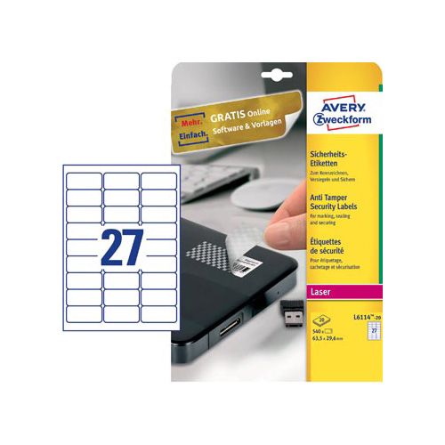 Avery Avery bestendige veiligheidsetiketten, ft 63,5 x 29,6 mm, 540 stuks, 27 per vel, doos van 20 vel