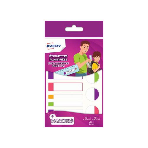 Avery Avery Family gelamineerde etiketten, etui met 24 etiketten, geassorteerde formaten en fluo kleuren