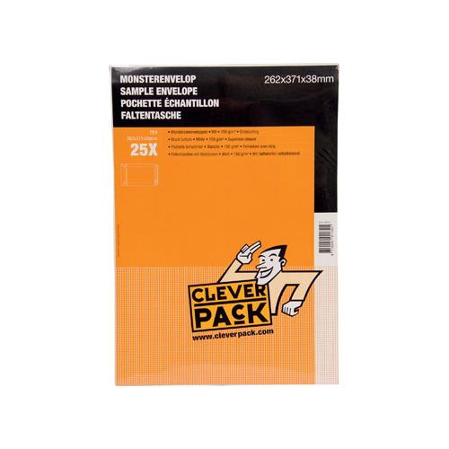 Cleverpack Cleverpack monsterenveloppen, ft 262 x 371 x 38 mm, met stripsluiting, wit, pak van 25 stuks