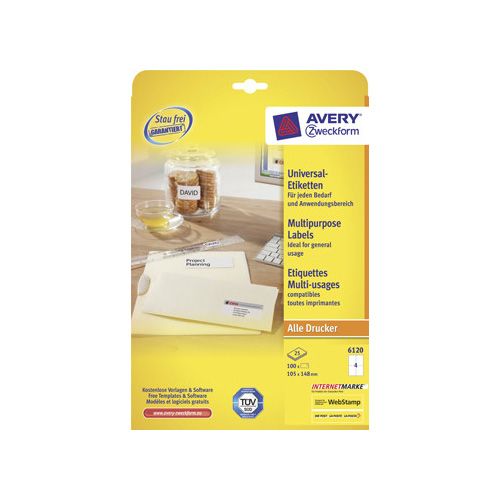 Avery Zweckform Avery Zweckform 6120, Universele etiketten, Ultragrip, wit, 25+5 vel,  4 per vel, 105 x 148 mm