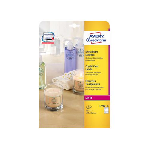 Avery Avery transparante Crystal Clear etiketten ft 63,5 x 38,1 mm, 525 etiketten, 21 per vel