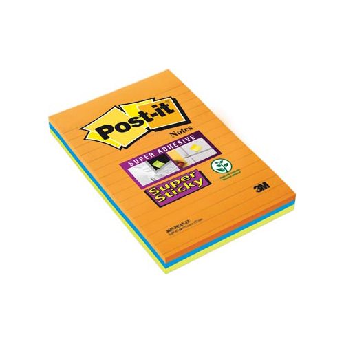 Post-it Post-It Super Sticky Notes, 45 blaadjes, ft 102 x 152 mm, geassorteerde kleuren, pak van 3
