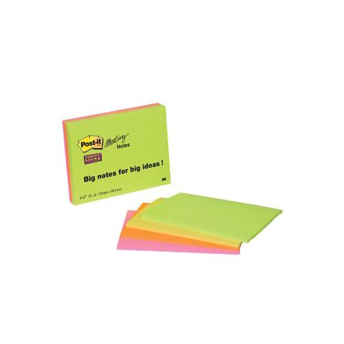 Post-It Super Sticky Post-It Super Sticky Meeting notes, 45 vel, ft 101 x 152 mm, geassorteerde kleuren, pak van 4 blokken