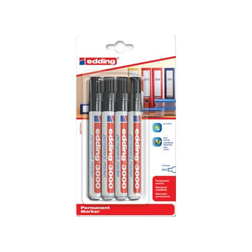 Edding Edding permanent marker 3000 zwart, blister met 4st