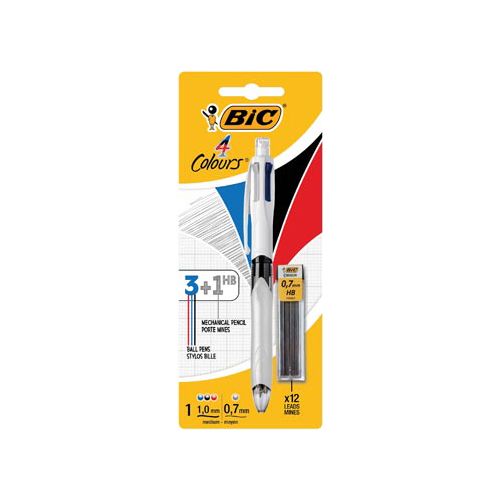 Bic Bic Colours 3 + 1 HB 4-kleurenbalpen, medium, 3 klassieke inktkleuren en een vulpotlood 0,7 mm HB, op bli