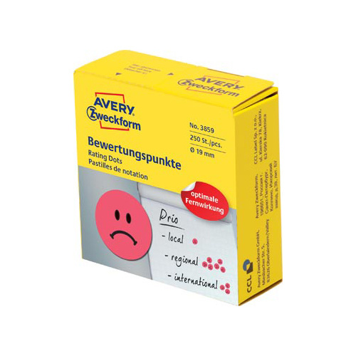 Avery Zweckform Avery rating dots, 19mm, rol met 250st, smiley, rood