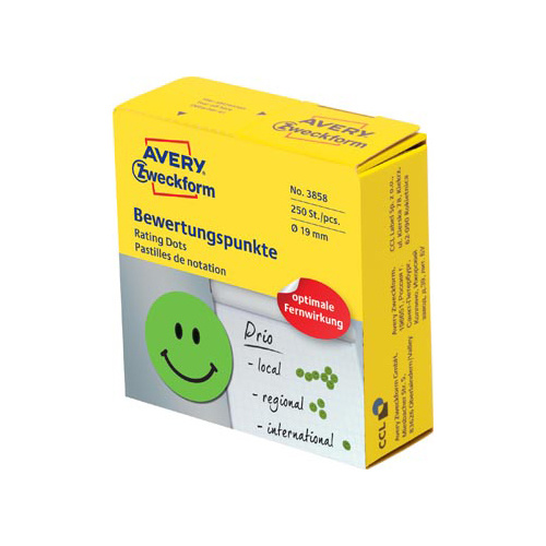 Avery Zweckform Avery rating dots, 19mm, rol met 250st, smiley, groen