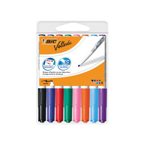 Velleda Bic whiteboardmarker Velleda 1741, in geassorteerde kleuren, etui van 8 stuks