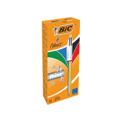 Bic Bic Colours Shine 4-kleurenbalpen, medium, klassieke inktkleuren, lichaam goud