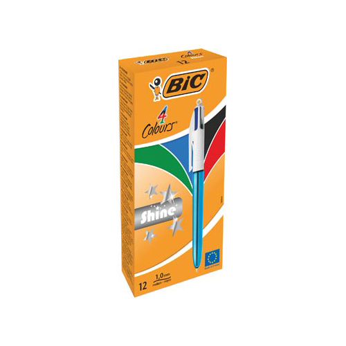 Bic Bic Colours Shine 4-kleurenbalpen, medium, klassieke inktkleuren, lichaam metallic blauw