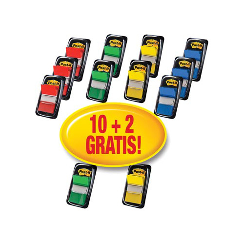 Post-it Post-it Index Standaard voordeelpak 10 + 2 GRATIS, geassorteerde kleuren