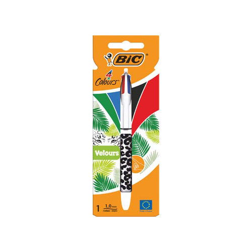 Bic Bic Colours Velours 4-kleurenbalpen, medium, klassieke inktkleuren, verschillende motieven, op blister