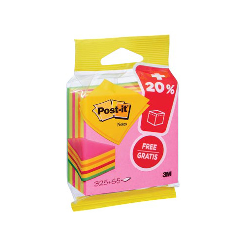 Post-It Notes Post-it Notes kubus ft 76 mm x 76 mm, Neon, blok van 325 + 65 vel gratis, op blister
