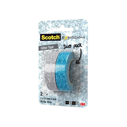 Scotch Scotch Expressions glitter tape, 15 mm x 5 m, blister met 2 stuks in geassorteerde kleuren