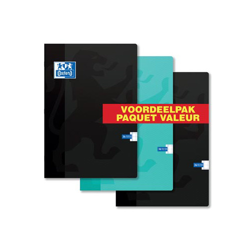 Oxford Oxford School schrift, ft A4, 72 bladzijden, geruit 10 mm, pak van 3 stuks, geassorteerde kleuren
