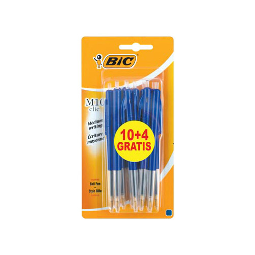 Bic Bic balpen M10 Clic, 0,4 mm, medium punt, bleu, blister 10 stuks + 4 gratis