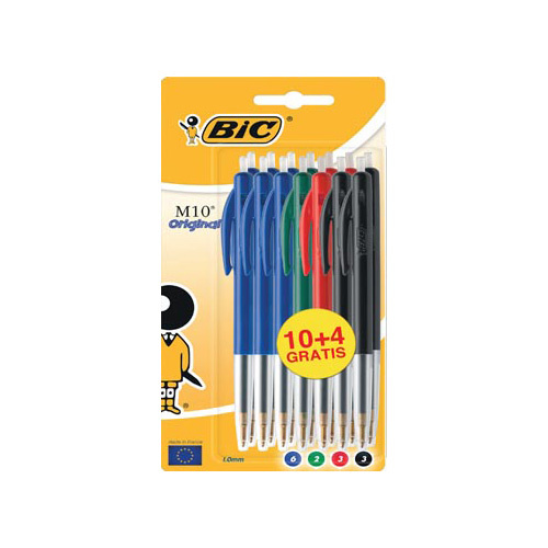 Bic Bic balpen M10 Clic, 0,4 mm, medium punt, geassorteerde kleuren, blister 10 stuks + 4 gratis
