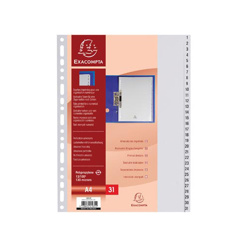 Exacompta Exacompta tabbladen numeriek voor ft A4, uit PP, 31 tabs, grijs