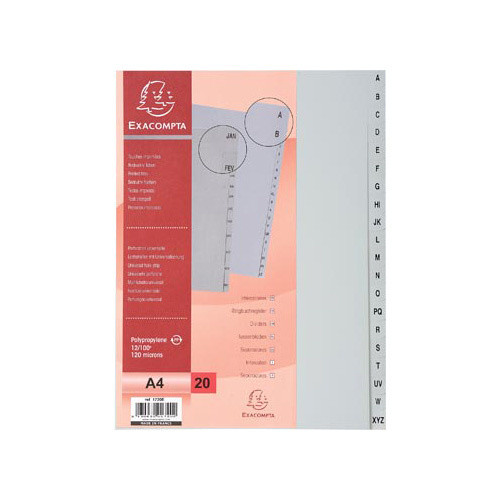 Exacompta Exacompta tabbladen voor ft A4, uit PP, van A tot Z, 20 tabs, grijs