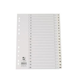 Q-CONNECT Q-CONNECT tabbladen, A4, PP, 11-gaatsperforatie, met indexblad, set van 1-20, wit