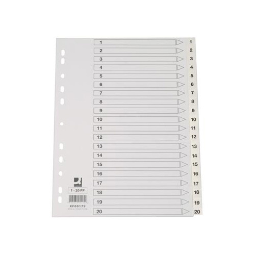 Q-CONNECT Q-CONNECT tabbladen, A4, PP, 11-gaatsperforatie, met indexblad, set van 1-20, wit