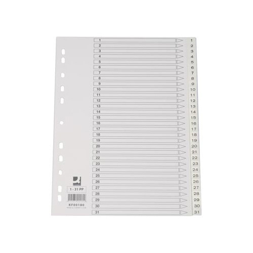 Q-CONNECT Q-CONNECT tabbladen, A4, PP, 11-gaatsperforatie, met indexblad, set van 1-31, wit